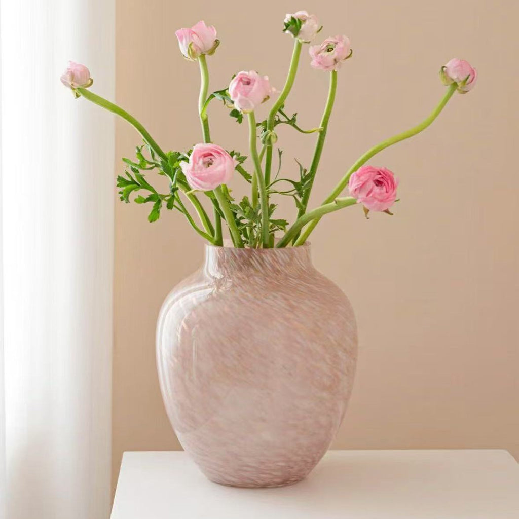 9 Inch Pink Marbled Hand-Blown Glass Vase