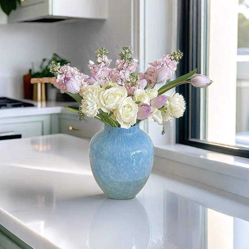 9 Inch Pink Marbled Hand-Blown Glass Vase