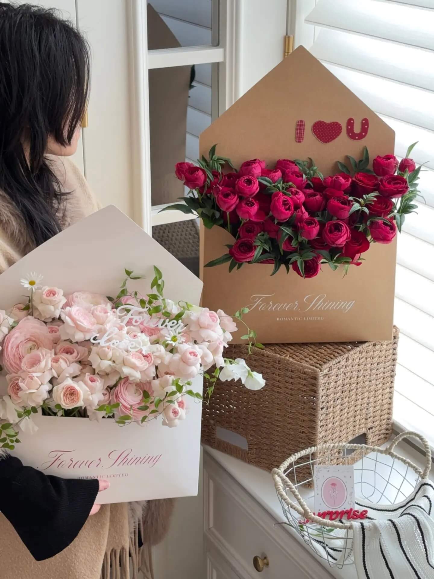 Bolsa de papel portátil para arreglos florales en forma de corazón, 10 unidades