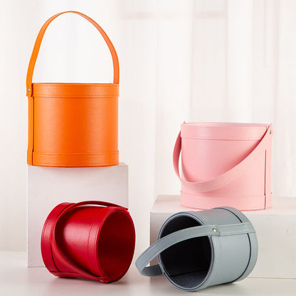 Leather Round Flower Bucket Gift Box with Handle