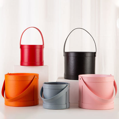 Leather Round Flower Bucket Gift Box with Handle