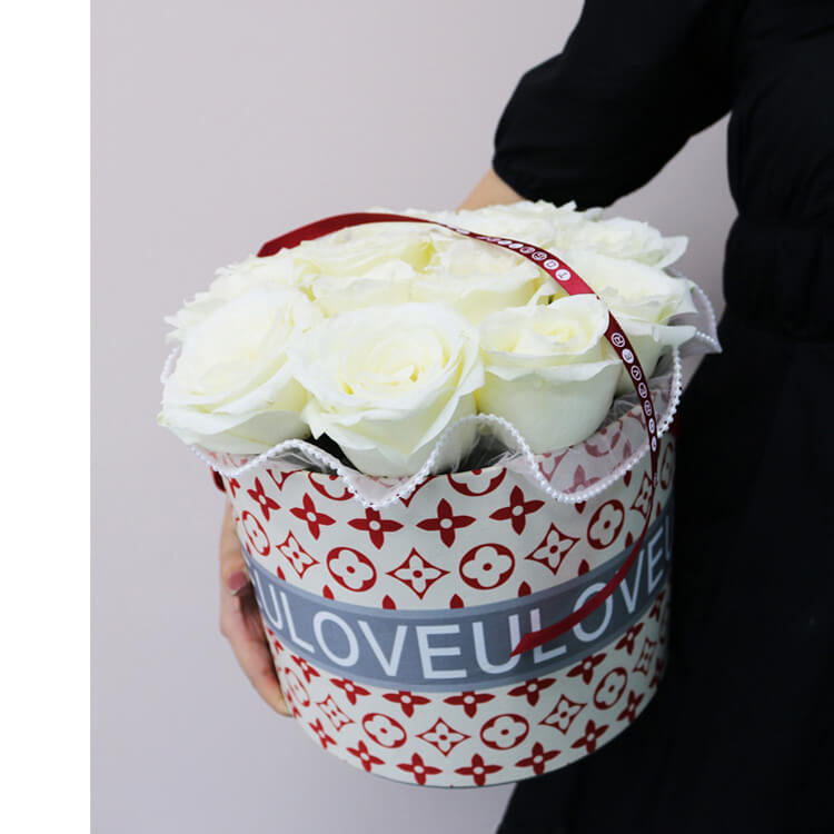 Round Flower Gift Box - PU Leather Handle+Satin - Set of 2pcs