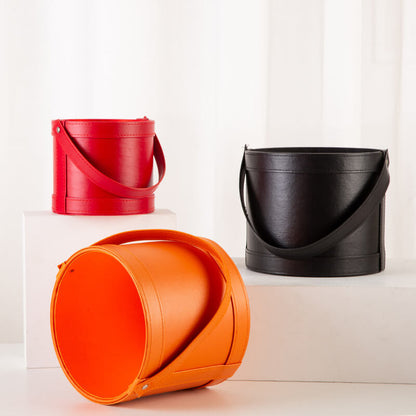 Leather Round Flower Bucket Gift Box with Handle