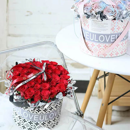 Caja de regalo redonda con forma de flor, asa de piel sintética y satén, juego de 2 unidades